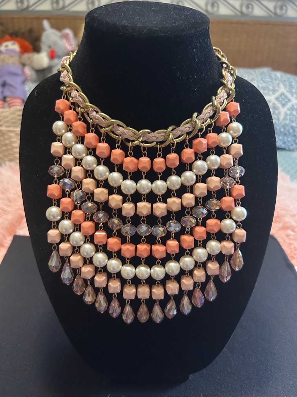 Gold-Accent Peach & Cream Multi-Strand Statement Necklace